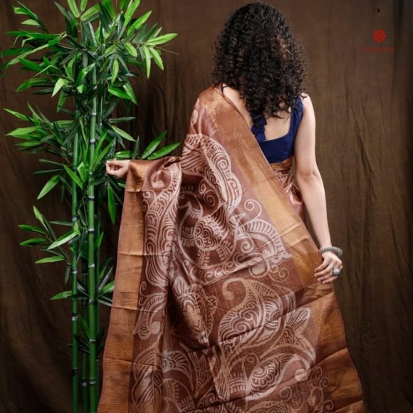 Exclusive Brown Pure Tussar Silk Hand Painted Saree - Picture 3 of 8